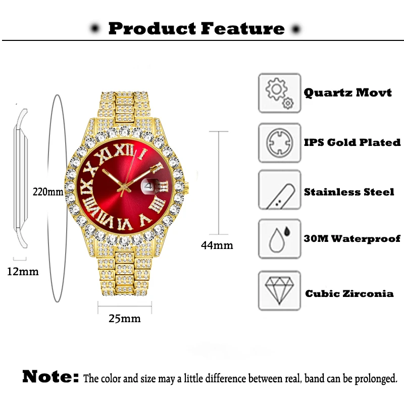 Waterproof Quartz Watch For Men Women Luxury Hip Hop Street Red Green Blue Dial Diamond Watches Power By Battery Unisex Gift