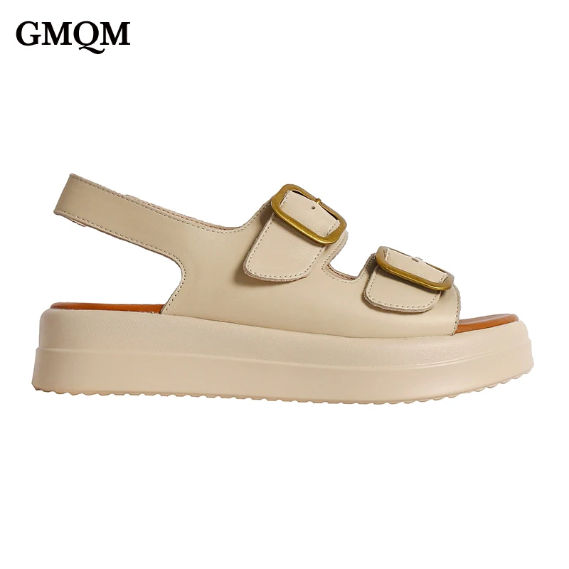 GMQM Fashion Genuine Leather Women Sandals New Summer Open Toe Thick Platform Slippers Metal Decoration Flats Anti-Slip Shoes