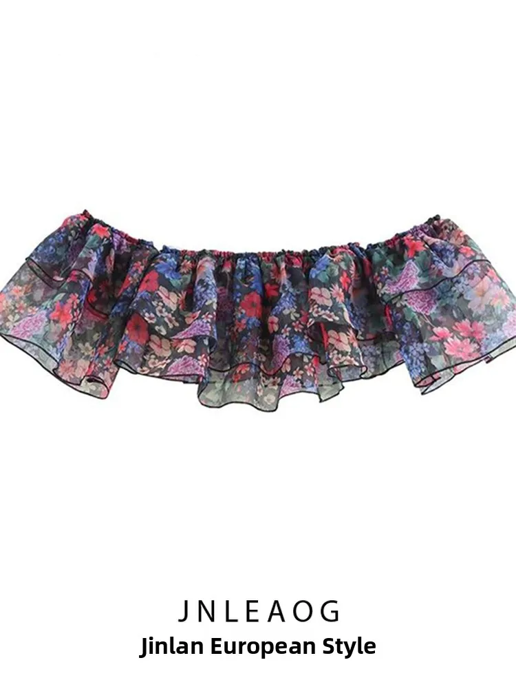 เสื้อผ้าผู้หญิง JNLEAOG Faion แบบพิมพ์ลาย ผ้าออร์แกนซ่าแบบซ้อนชั้น ทรงเปิดไหล่ข้างเดียว สไตล์ฝรั่งเศส ผ้าโพลีเอสเตอร์ กระโปรงทรงบัสิน
