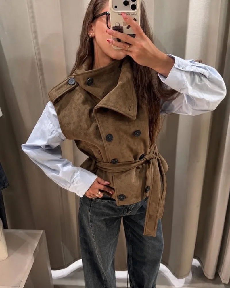 Damen-Weste aus Wildlederimitat, ärmellos, doppelreihig, mit selbstbindendem Gürtel, hohem Kragen, Taschen, Schulterklappen, Oberbekleidung, Top 2026 – Detail 17