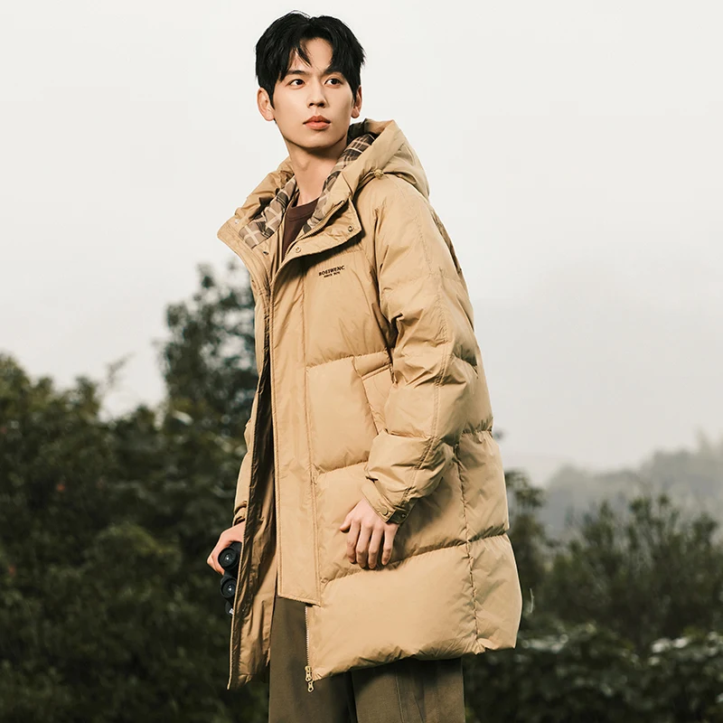 

2025 New Men's down Jaet Loose Fit Hooded Trendy Mid-Length Winter Top Coat Faionable Polyester Fiber White Du down