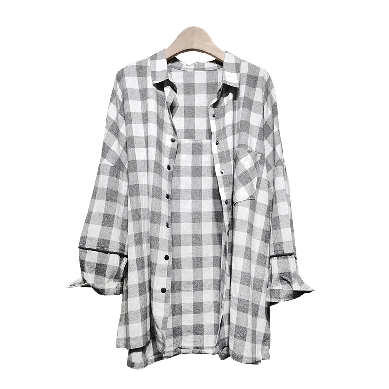 InBasic2023 autumn shirt female new long-sleeved plaid square collar retro cotton and linen top