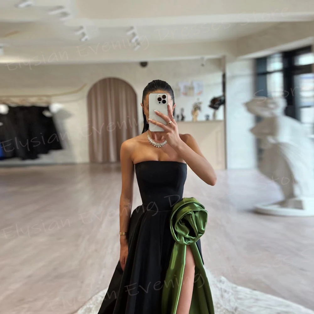 2025 Sexy Black A Line Women\'s Evening Dresses Strapless Sleeveless Customized Prom Gowns Side Split 3D Flower Vestido De Noche