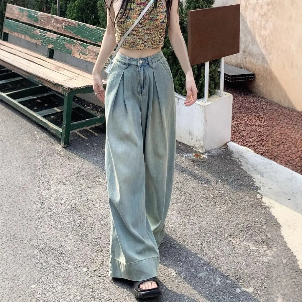 

Винтажные потертые свободные брюки, джинсы, женские широкие брюки с высокой талией, американский стиль, весна-осень, уличная драпировка