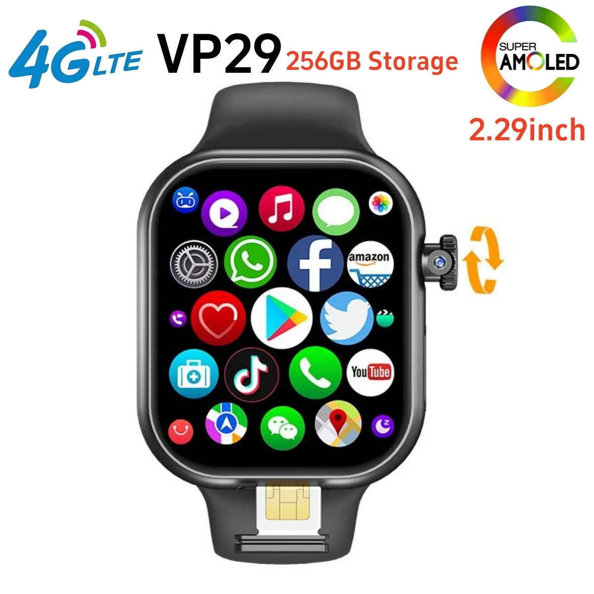 VP29 Smartwatch 4G Android 256GB Storage 4G/5G LTE Sim Card GPS WIFI 2.29 inch 490*580 Amoled Smart Watch With 8MP Rotary Camera