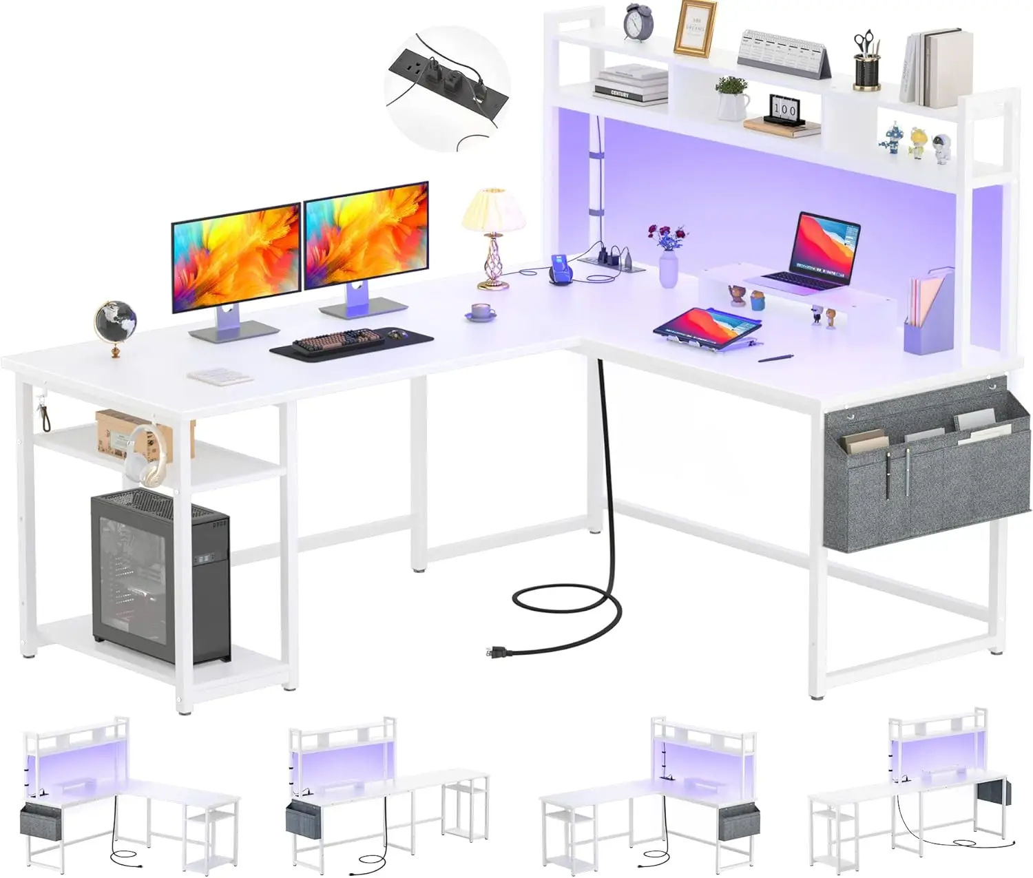 L Shaped Desk with Power Outlet & LED Strip, Reversible L-Shaped Corner Computer Desks Gaming Desk with Storage Shelf & Monitor