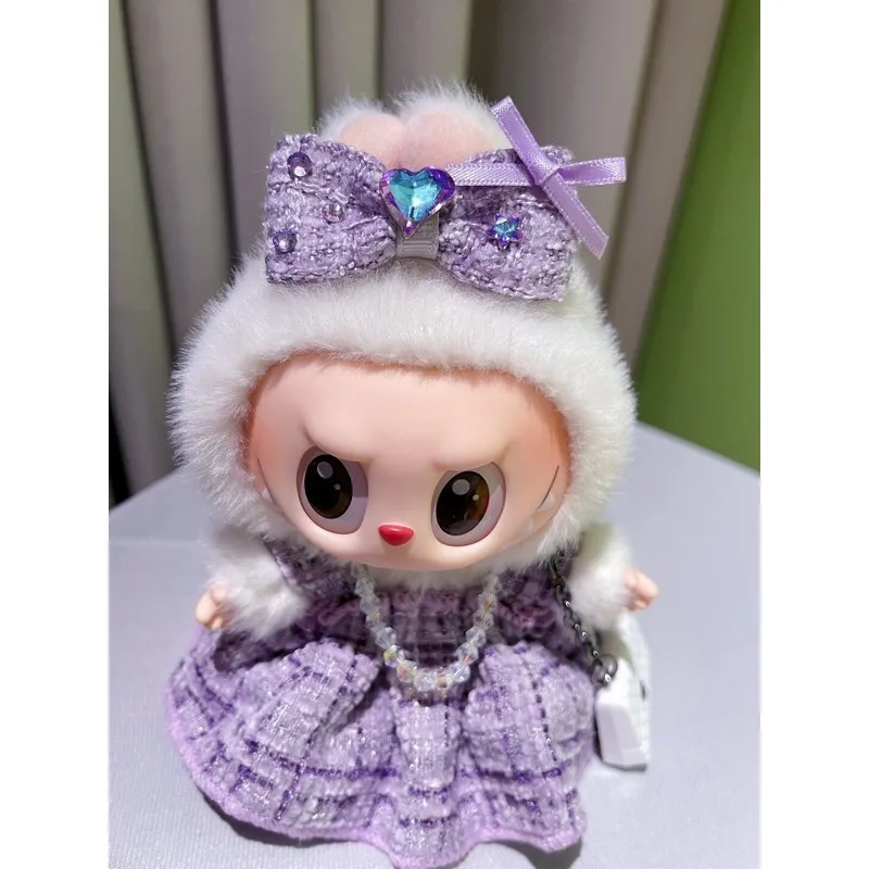 Caja ciega con colgante de primera segunda generación, serie de fiesta sentada, muñeca de vinilo, ropa de bebé púrpura, reemplazo de LABUBU