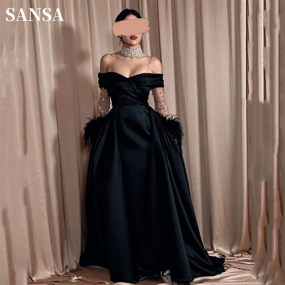 

Sansa Black Off Shoulder A-line فساتين سهره فاخره 2023 Elegant Gliiter Sequins Vestidos De Noche With Tail Satin Prom Dress