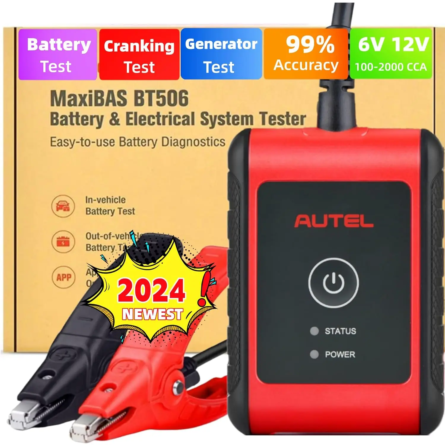 MaxiBAS BT506 Auto Battery & Electrical System Analysis Tool,6V 12V 100-2000 CCA Battery Analyzer,12V 24V Auto Cranking/Charging