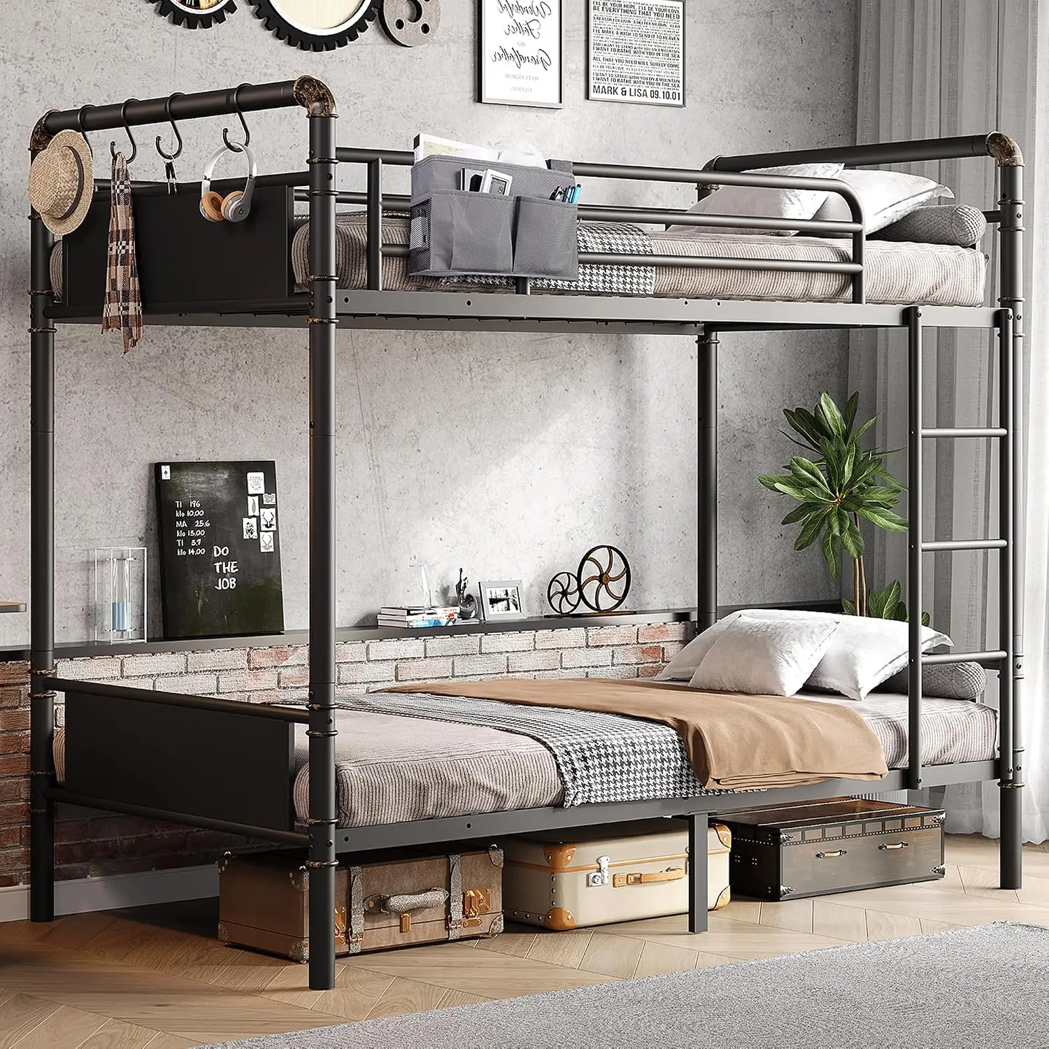 Metal Bunk Bed Twin Over Twin, Heavy Duty Steel Bed Frame With Safety Guard Rails, Convertible 2 In 1 Space Saving Design With Storage Hooks, Modern Industrial Style, Black, 1 Piece
