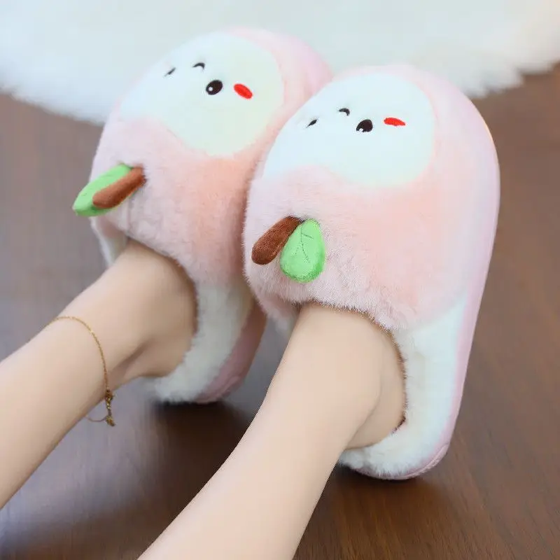 

2025 new cute pink fruit apple slippers woman lovely warm cotton shoes ladies platform fluffy slipper female flat furry clogs