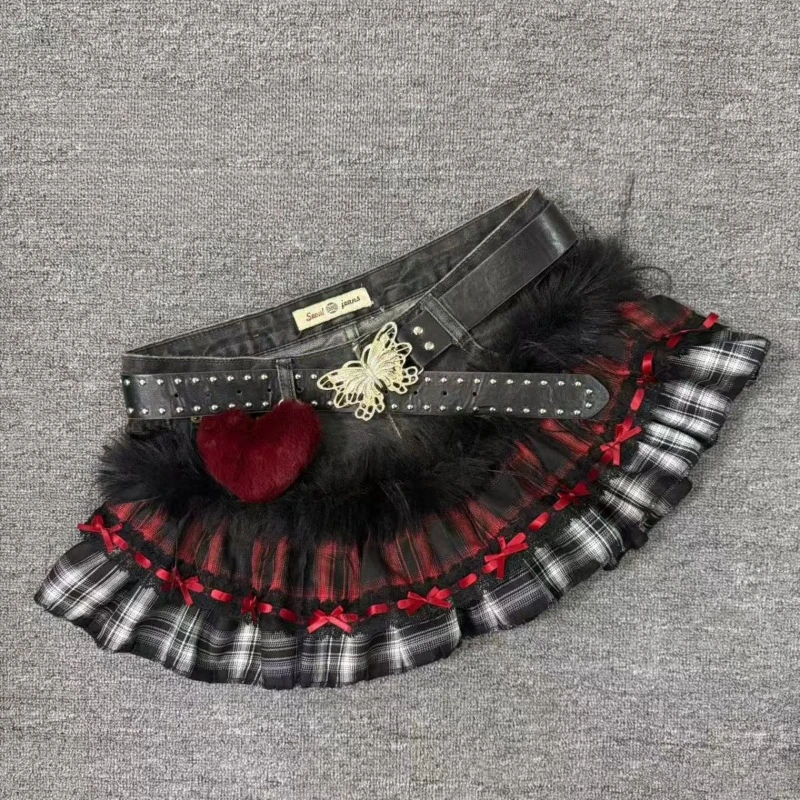 Y2K Spice Girl Red Haggard Denim Splicing Skirt Aesthetic Vintage Hepburn Gothic Low-waist Rivet Plush Bunsen Skirts Female