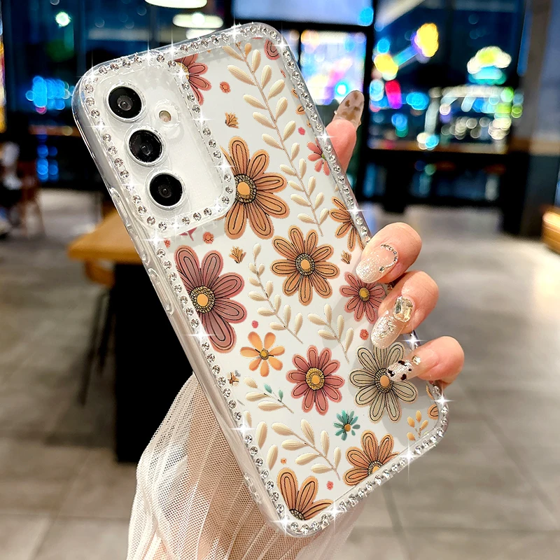 Watercolor Flower Diamond Case For Samsung Galaxy S25 Ultra S24 S23 S22 S21 FE A15 A16 A26 A35 A36 A54 A55 A56 5G S25 Edge Capa
