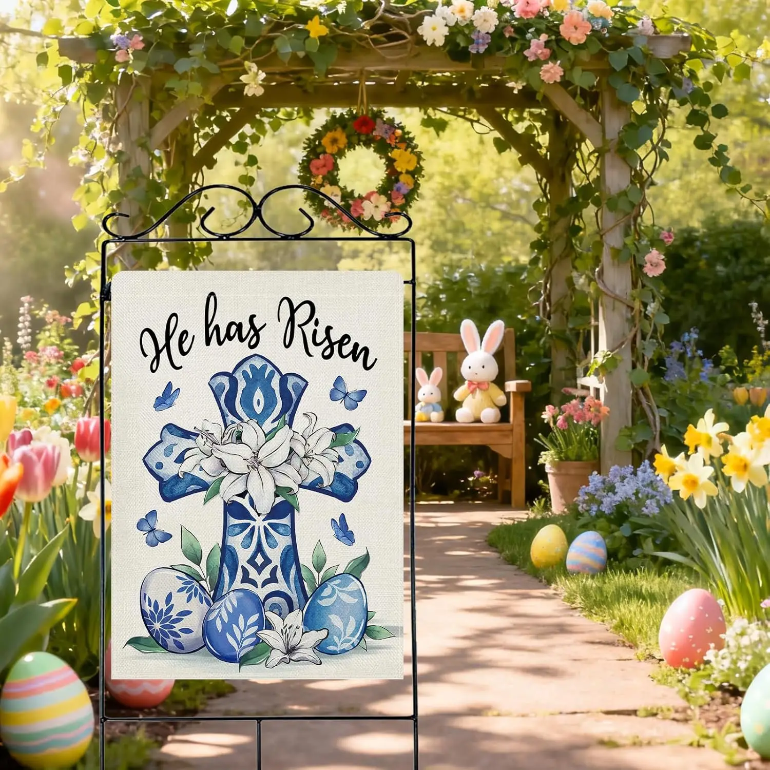 Dyrenson Christian Easter Cross Chinoiserie 28 x 40 House Flag Double Sided, Religious He Has Risen Blue and White Porcelain ZZM