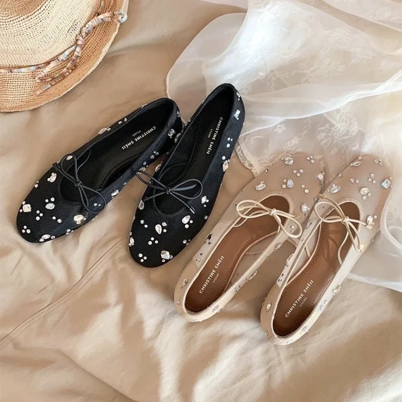 *Summer Hot Selling Mesh Breathable Bow Diamond Flat Shoes Fashionable New Style Elegant Sexy Comfortable Ballet Shoes