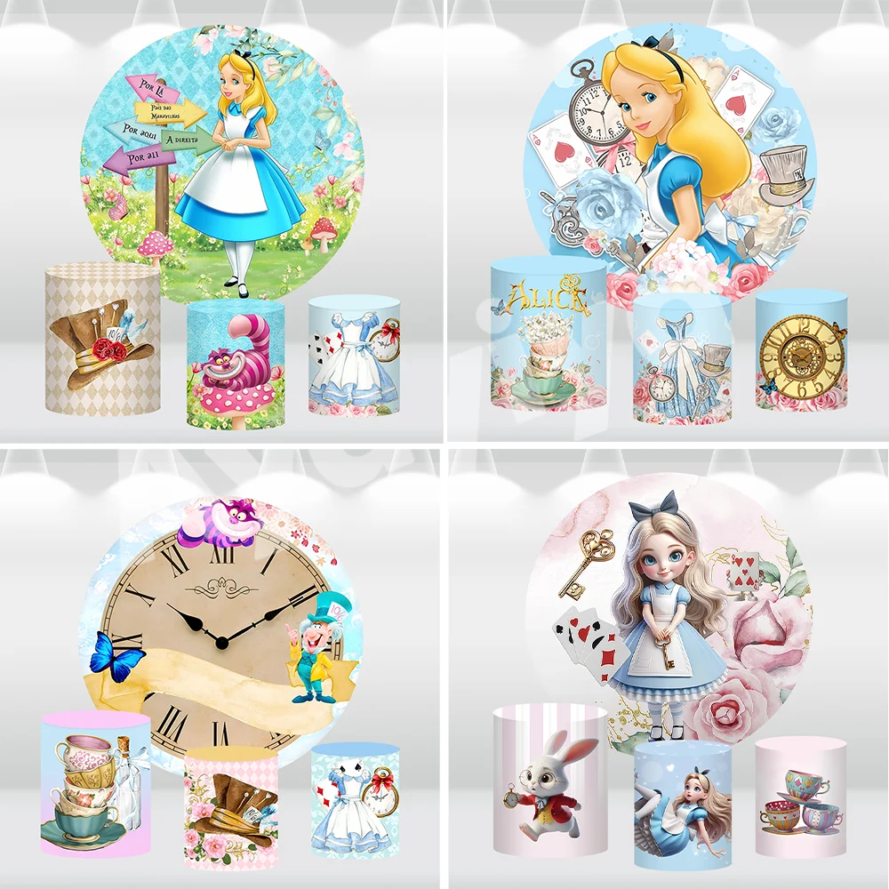 

Фон для фотосессии «Алиса в Стране чудес»: круглый баннер для детского дня рождения, фон для чаепития, чехол для цилиндра для детского праздника