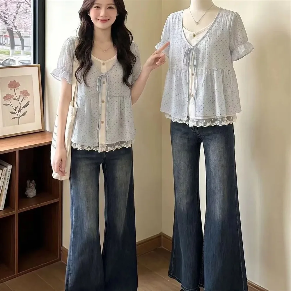 Sommerliches Polka-Dot-Shirt mit Schnürung für Damen, koreanische Mode, V-Ausschnitt, lockere T-Shirts 2026, Puffärmel, Y2K, Spitzen-Patchwork, Crop-Tops, Tees – Detail 7