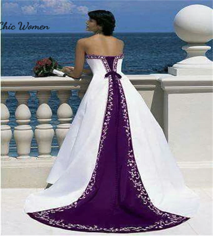 Retro Gothic Embroidery Wedding Dress Blue Purple White A Line Beach Satin  Strapless Bridal Dress Corset Red Bride Customized - AliExpress 320