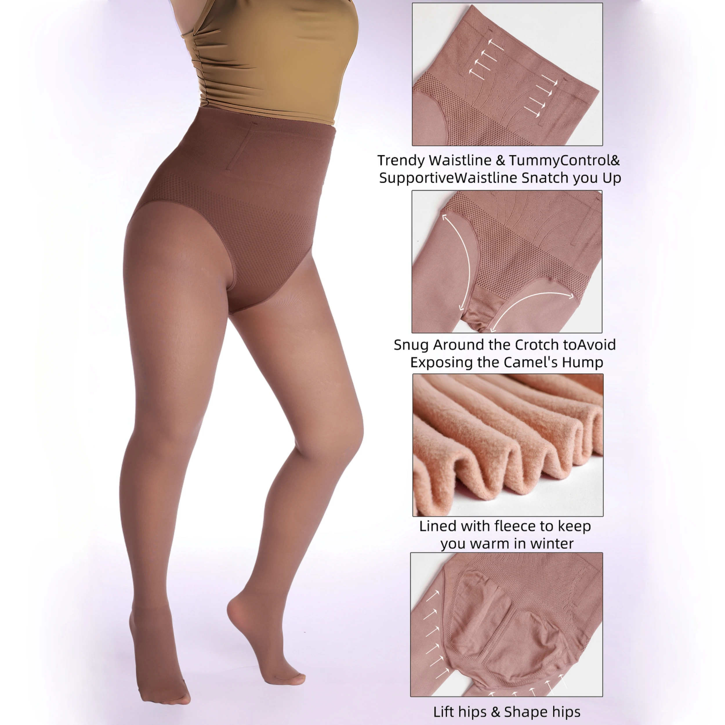 1 Piece Women\'s Autumn/Winter Waist Sculpting Hip Plus Fleece Thickening Warm Skin Panty Hose Sculpting Hip Line Tights