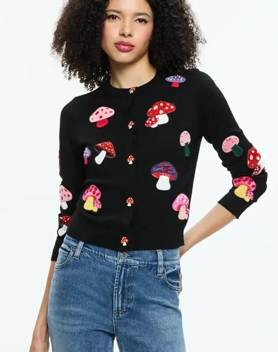 

2025 Autumn Black Wool Sweater Fashion Women's Knitted Jacket Sweet Girls Embroidered Mushroom Cardigan