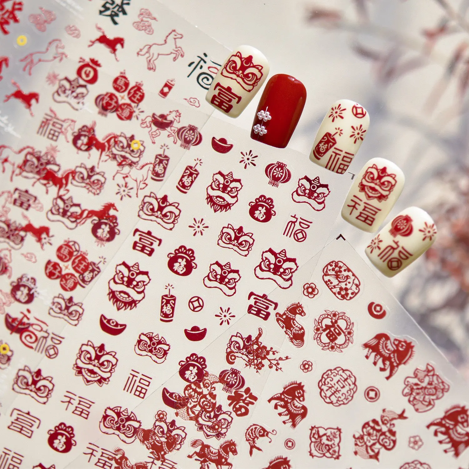 Adesivos de Unha Estilo Chinês com Recortes de Papel, Temas de Cavalo, Flor Rica, Dança do Leão, Carpa Koi, Pônei, para Ano Novo, Decoração DIY para Unhas