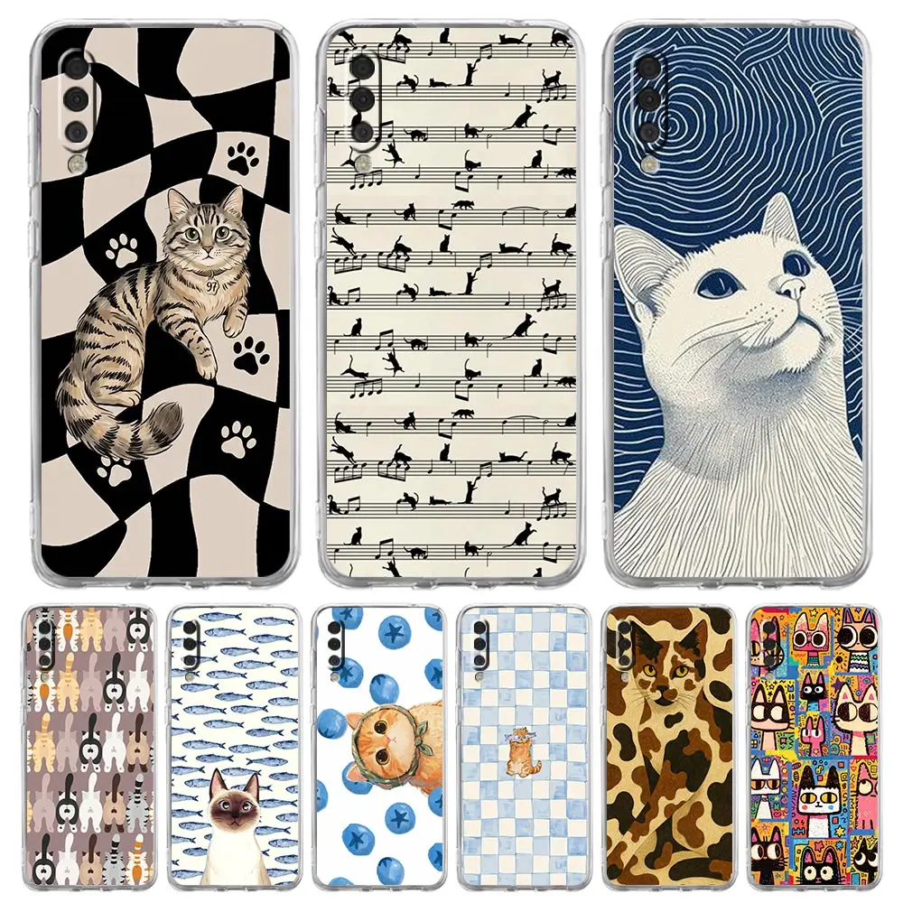Phone Case For Samsung A56 A36 A26 A24 A12 A14 A16 A50 A70 A22 A40 A32 A34 A54 A42 A52 5G A06 Clear Cover Black Cat Fashion Art