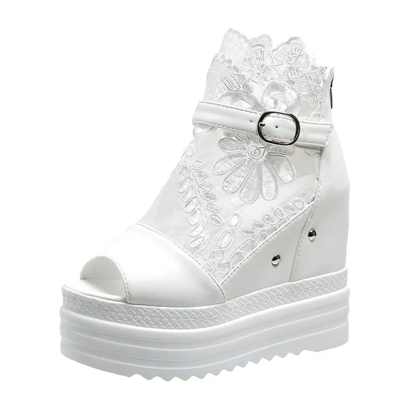 

Летние женские сандалии на платформе 10 см с кристаллами и пряжками, на танкетке, с увеличенной высотой каблука, с открытым носком, на шнуровке, дышащие, с молнией