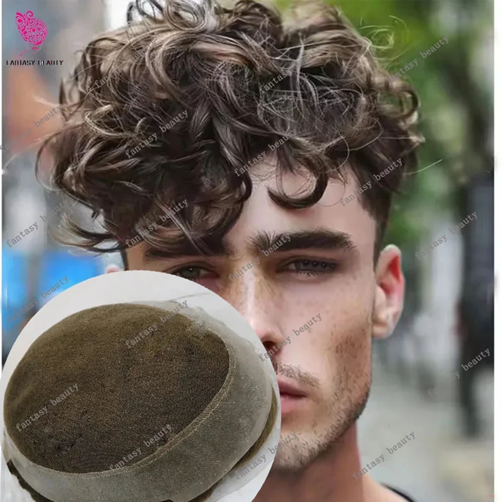 

Australia 28MM Curly Male Hair Prosthesis Indian Natural Human Hair Men's Toupee French Lace With PU Man Wig System Hairpieces