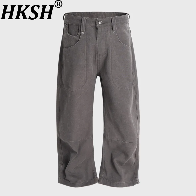 HKSH Spring Autumn New Men Tide Safari Style Jeans Oversized Straight-Leg Denim Pants Women Deconstructed Design Trendy HK16251