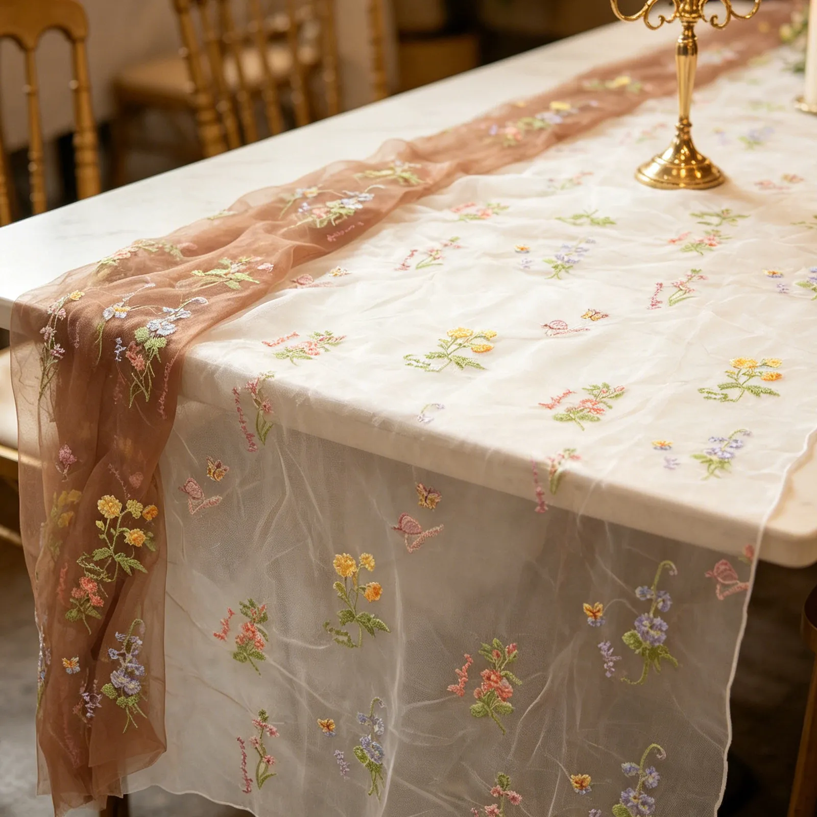 Embroidered Mesh Table Runner 120 Inch Cottagecore Extra Long Boho 10ft Embroidery Butterfly Flower