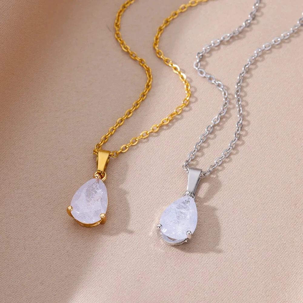 Zircon Teardrop WaterDrop Necklaces For Women Gold Color Stainless Steel Necklace Luxury Jewelry Wedding Christmas Gift Femme