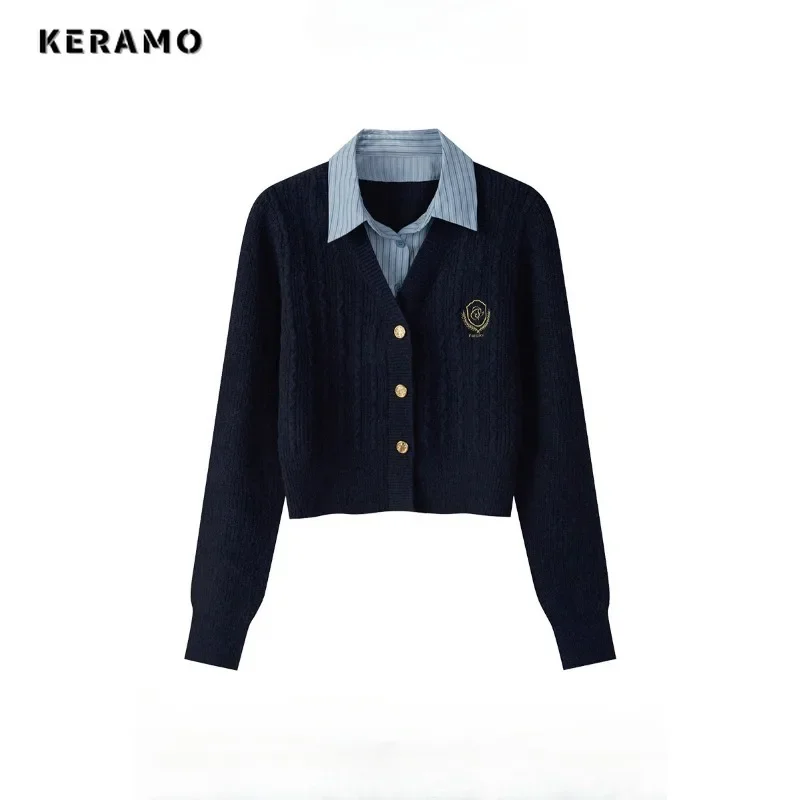 2024 Spring Autumn Preppy Style Badge Embroidery Knitted Cardigan Women Single Breasted Fake Two Pieces Long Sleeve Sweater Coat