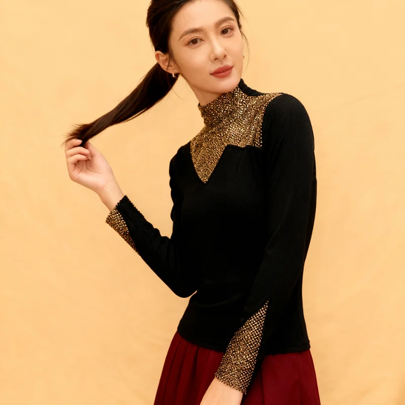 MadBlack-Mulher Europeia Escovada Camiseta, Sexy Mock Neck Diamond, Streetwear Manga Longa Slim S-3XL Tee, 2025 Inverno Novo T5D243CC