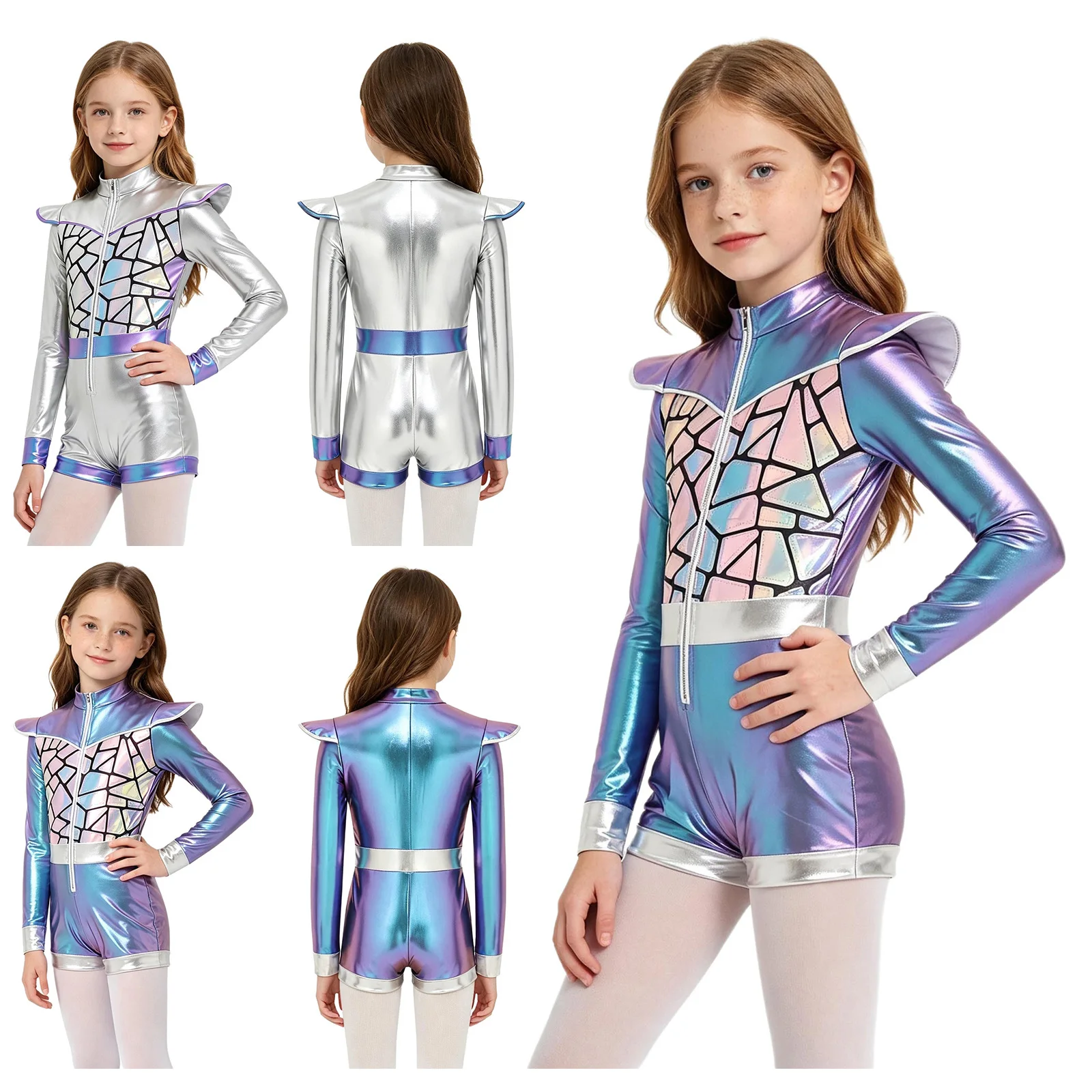 Girls Glittery Sequin Bodysuit Long Sleeve Shoulder Boards Front Zip Thigh Length Jumpsuit for Kids Halloween Masquerade Party