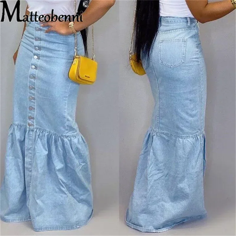 2024 Nieuwe Fishtail Denim Rok Vrouwen Mid-Kalf Zeemeermin Trompet Lange Rok Ruche Breasted Empire Sexy Hoge Taille elastische Rok