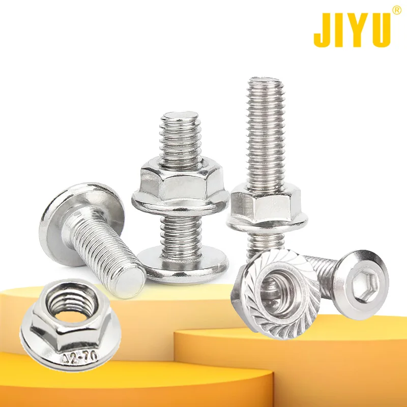 304 Stainless Steel Flat Head Inverted Edge Hexagonal Lock Screw Flange Nut Furniture Screw Bolt Combination Connector M3-M8 Set