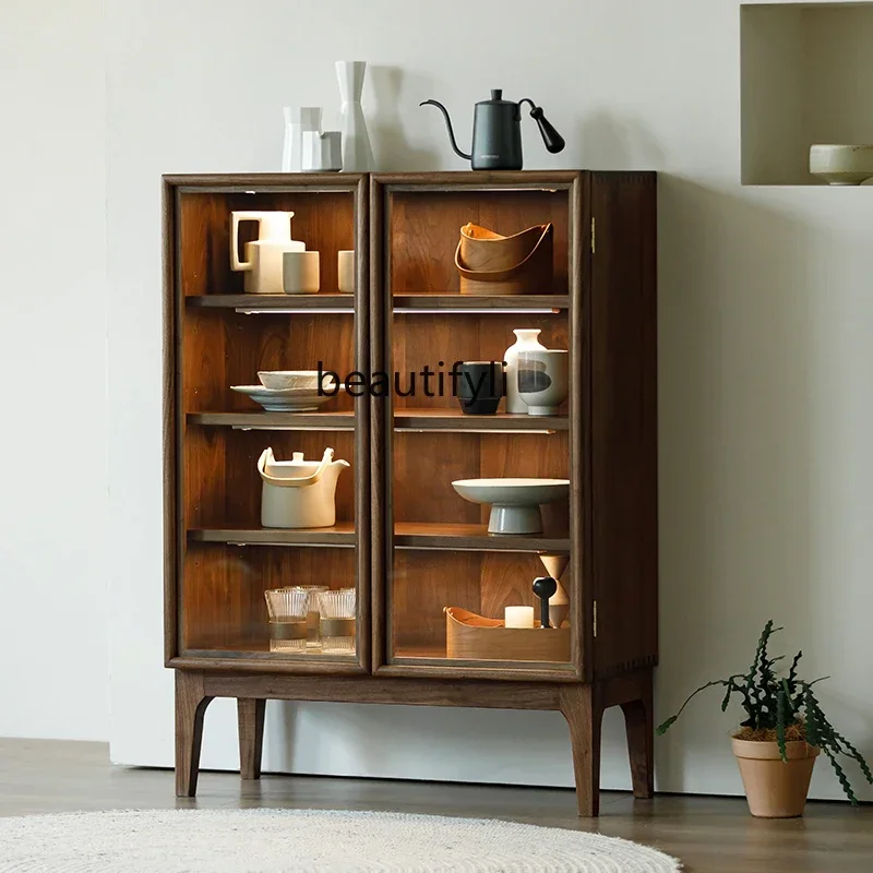 

yj21 Black walnut dining side cabinet tea set storage cabinet glass display tea entrance cabinet all solid wood