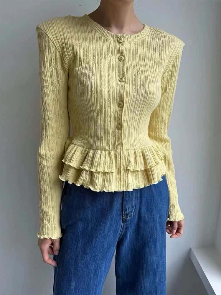 

Новый французский стиль, вязаный кардиган с длинными рукавами для женщин, корейский шикарный осенний однобортный лоскутный свитер с рюшами на краях, пальто