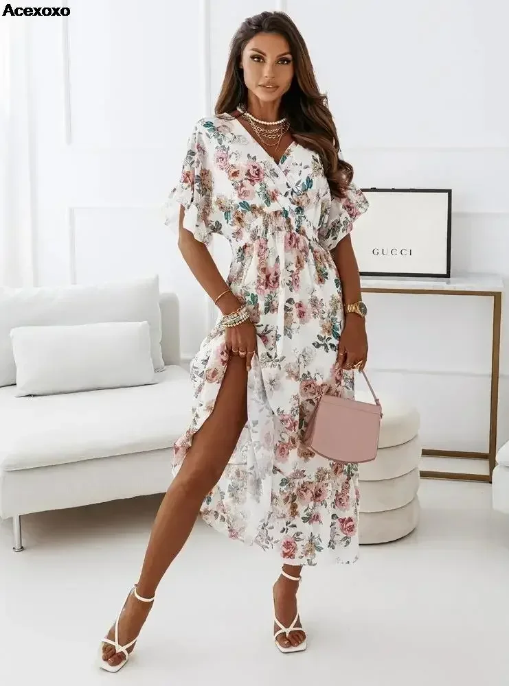 

2023 summer new women's fashion casual V-neck short sleeve elastic waist print beautiful dress