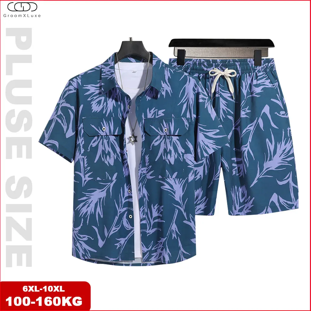 

GROOMXLUXE Oversized Summer Hawaiian Men's Shirt Set Ice Silk Lapel Plus Size Fat Casual Beachwear Male Vacation Suit 100-160KG