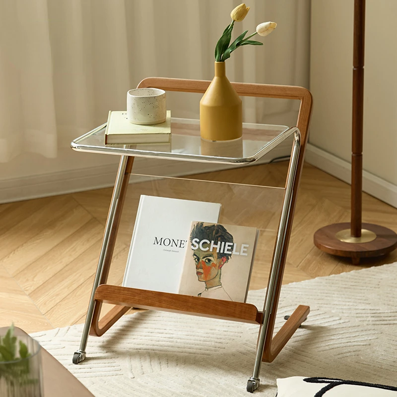 

Solid Wood Side Table Sofa Movable Cherrywood Living Room Small Apartment Retro Furniture Glass Small Table Storage Rack