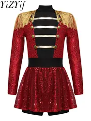 Girls Circus Ringmaster Costume Long Sleeve Tassel Epaulet Shiny Sequins Dress Jumpsuit Halloween Fancy Cosplay Outfit