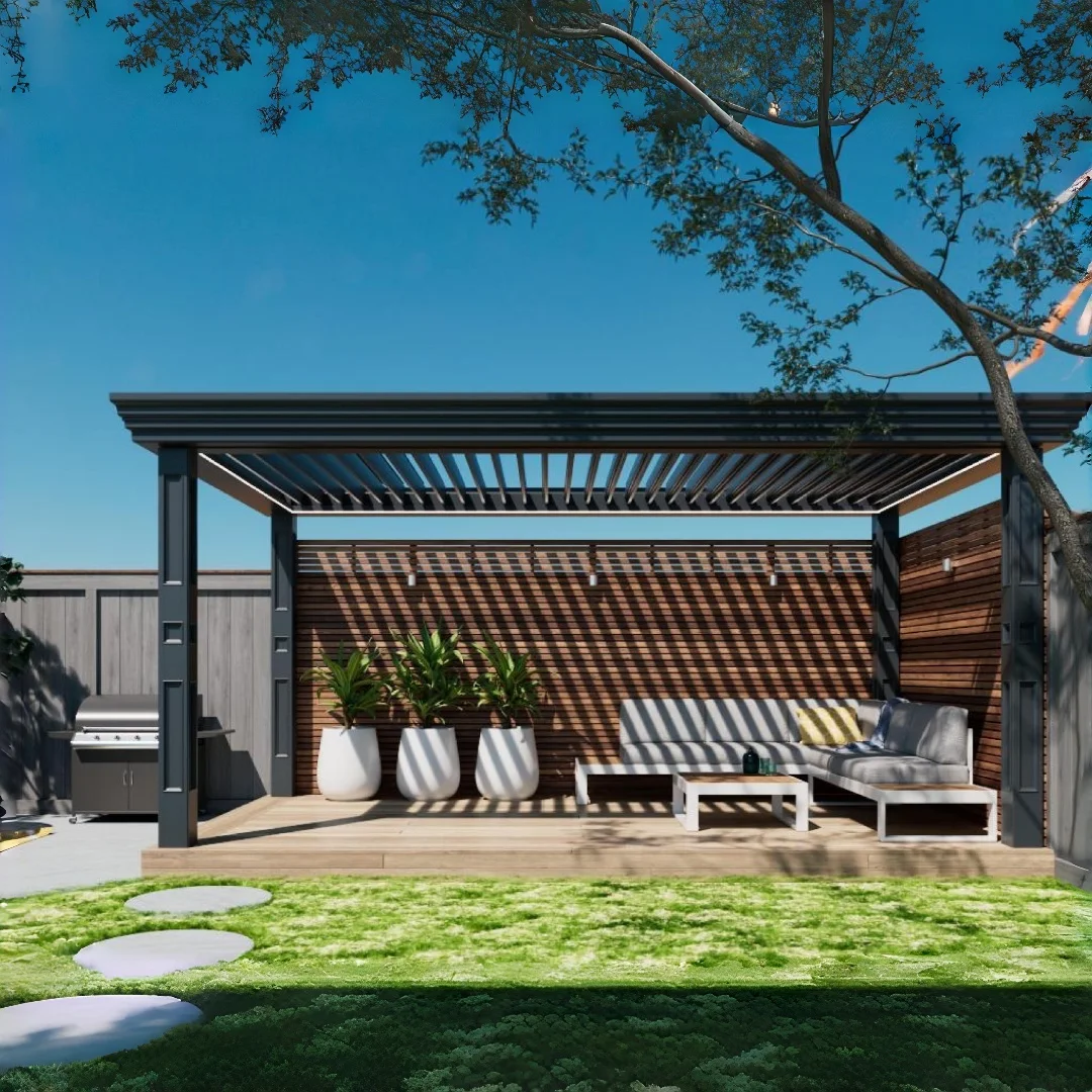Outdoor Aluminum Alloy Rectangular Free Standing Waterproof Louver Opening Motorized Pergola Gazebo Balcony Luxury Modern Design