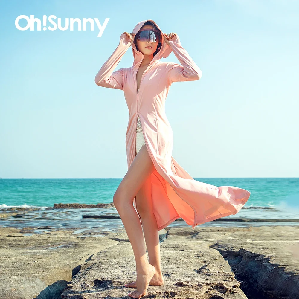 

OhSunny Fashion Women Summer Anti-UV Clothes Sunscreen Sun Protection Cooling Long Coat Face Cover Hooded Zipper Pockets Beach