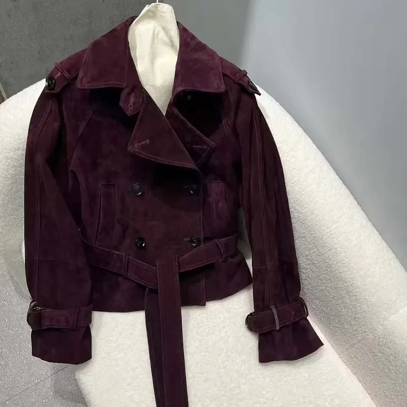 スエードレザージャケットターンダウン襟服女性コート春と秋の新着ショート女性服ベルト