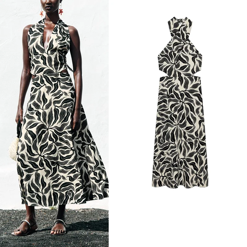 여름 신상 섹시 백리스 브이넥 더블 브레스티드 믹스 드레이프 넥 미디 드레스 우아한 하이웨이스트 민소매 롱 스커트 프린트 가운