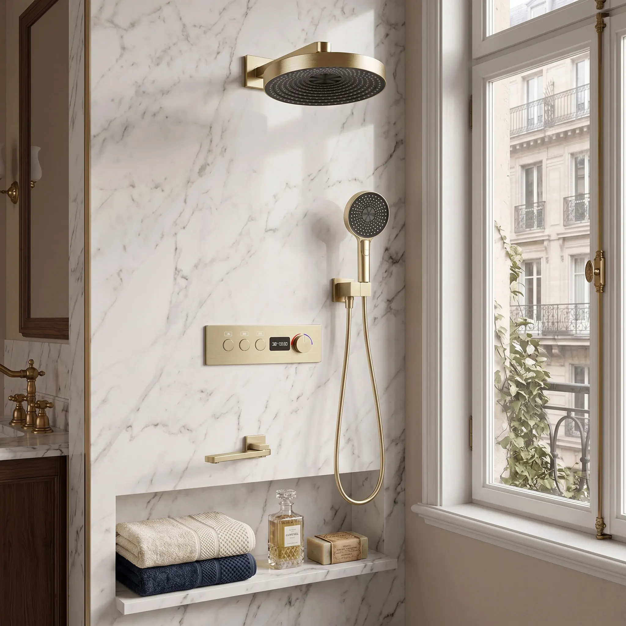 

Brushed Gold Thermostatic Bathroom Shower Faucet In Wall Bath and Shower Faucet Set Thermostatic Mixer Bath and Rainfall Shower