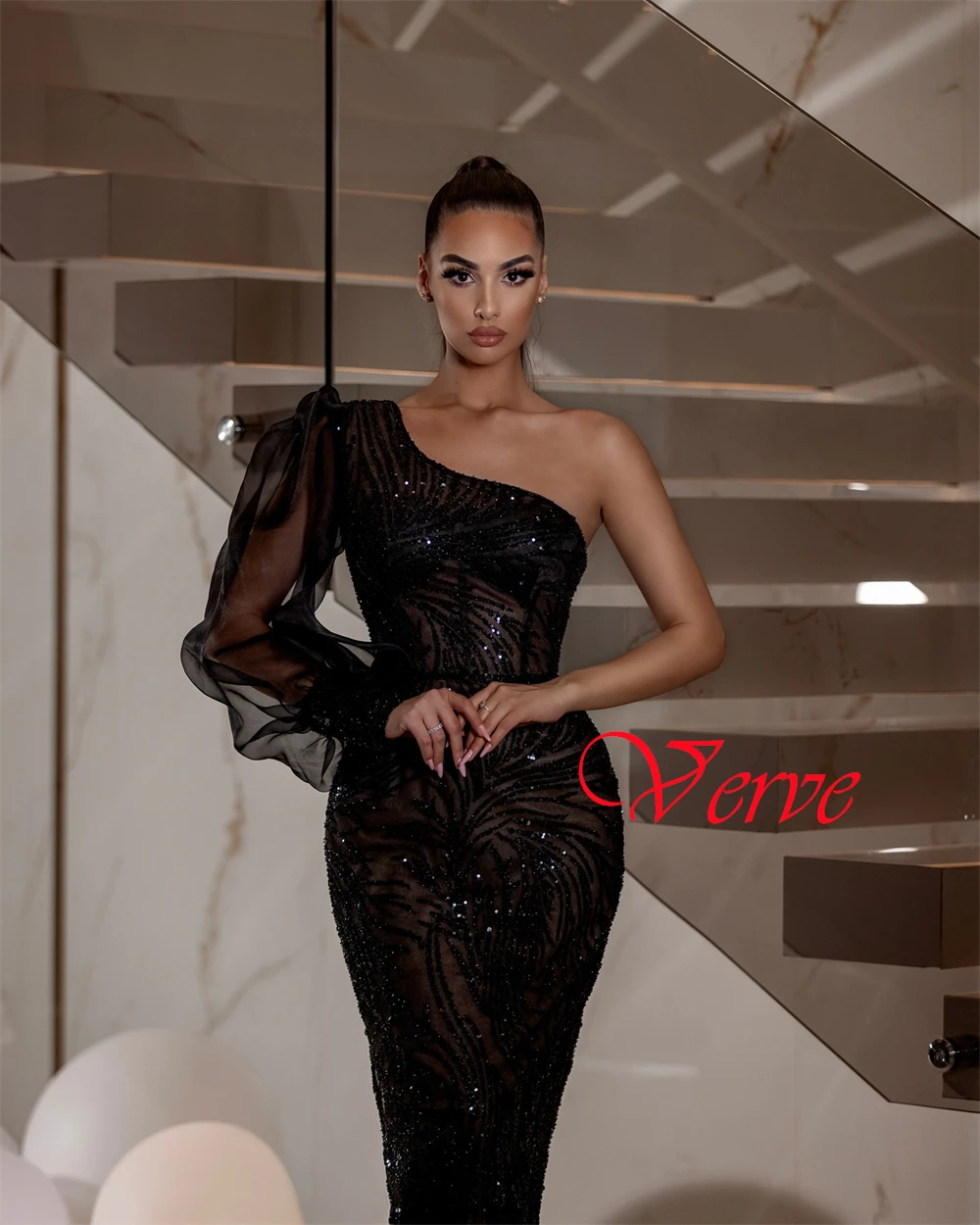 Robe de soirée en Tulle noir, personnalisée, exquise, moderne, asymétrique épaule dénudée, manches longues, robes d'occasion spéciale, robe de bal sirène