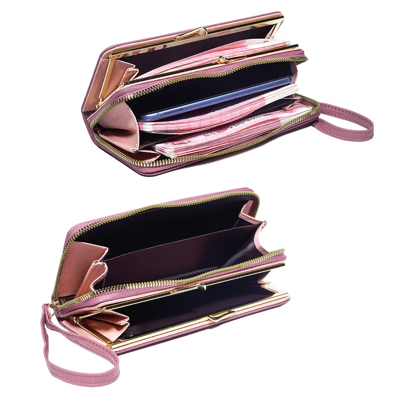 Cartera de doble capa para mujer, bolso con asa de Clip y cremallera larga, minimalista, de gran capacidad, para dinero y teléfono, cuero de PU de alto grado