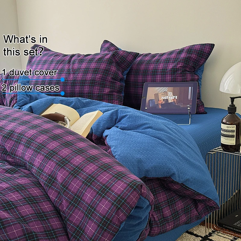 Purple Plaid Bubble Crinkle 3‑Piece Bedding Set, 1 Duvet Cover and 2 Pillowcases, Breathable No‑Iron Wrinkle, Machine‑Washable
